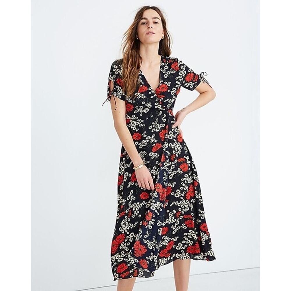 Madewell Peekaboo-Sleeve Midi Dress in the Hillside Daisies floral print
